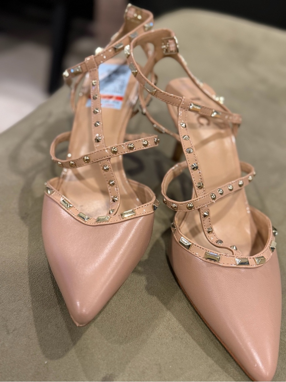 INC International Concepts Blush Studded Pointed-Toe T-Strap Heels
